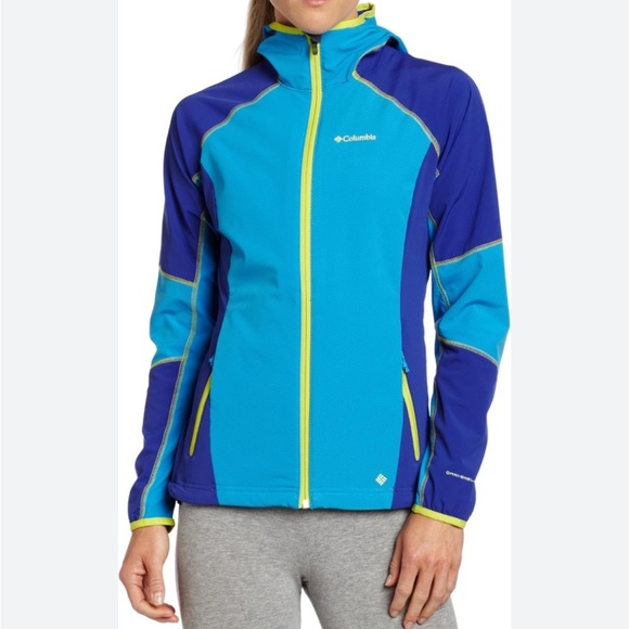 Columbia Soft Shell Rainjacket Omni-Shield Blue Yellow Hooded Womens Large - Picture 1 of 7